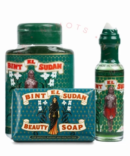 Bint El-Sudan talcum powder green cap perfume oil and soap combo for fragrance and cleansing