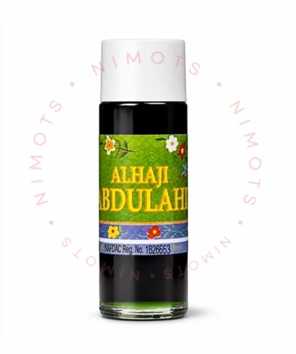 Perfume Alhaji Abdulahi en frasco individual tipo roll on con tapa blanca y etiqueta verde sobre fondo blanco.