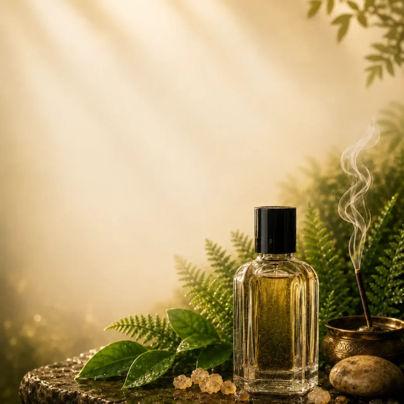 Nimots banner movil featuring spiritual essentials, perfume bottle, incense smoke, herbs and natural wellness elements.