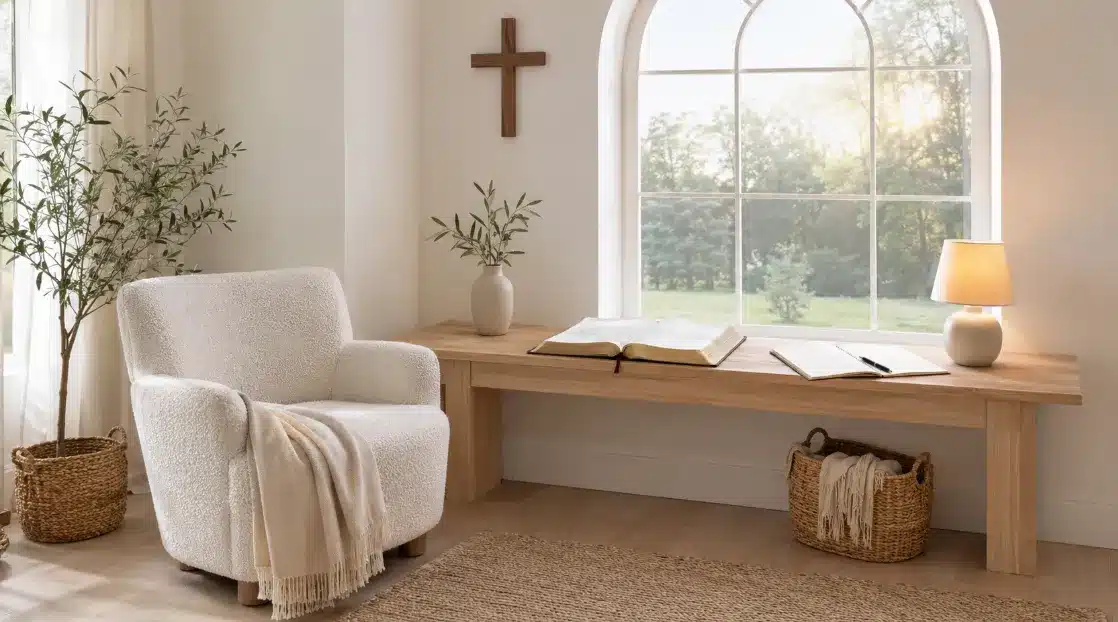 Peaceful Christian prayer space at home with a Bible, journal and warm lighting.